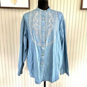 Embroidered Bib Front Button Down Denim Top